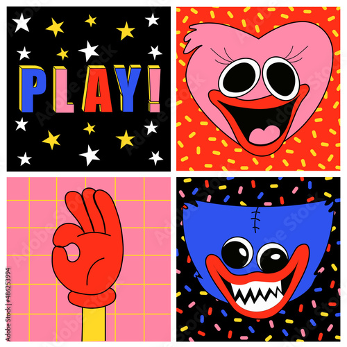 Set of stickers, stickers, stamp, poster. Cartoon style. Funny characters. Bright colours. Сute monsters