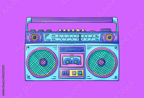 Boombox illustration. Cassette player. Retro cassette recorder. Music player. 90s style vector. 1990s trendy illustration. Nostalgia for the 90s.