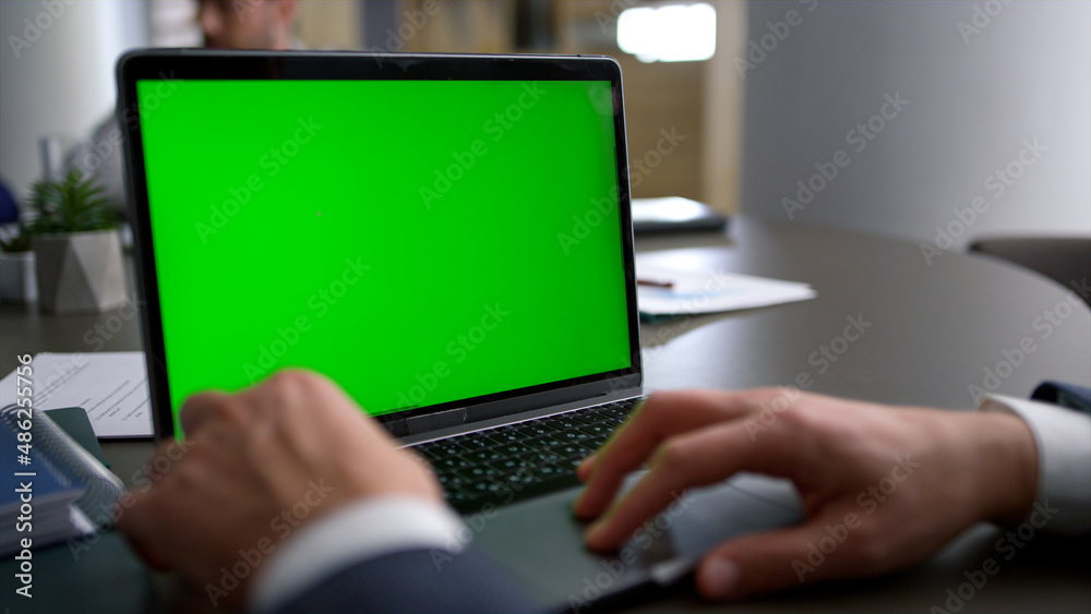 Business man using touchpad laptop green screen on corporate team conference. Business man using touchpad laptop green screen on corporate team conference.