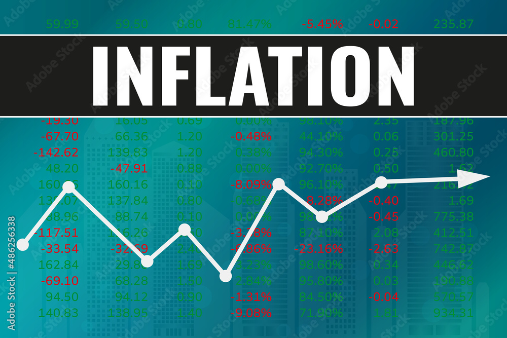 Term Inflation on blue and green finance background from numbers, city, arrow