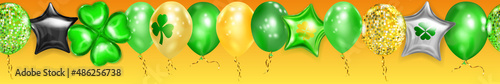 Banner on St. Patrick's Day with flying colored helium balloons: round, star-shaped, and in the form of a four-leaf clover, with seamless horizontal repetition on yellow background