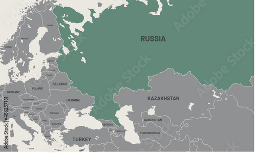 Russia map on world map. The borders of Russia are colored. It looks different from other countries. Detailed representation of Russia country borders
