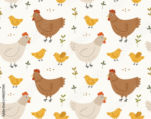 Seamless pattern of cute hens and chickens in various poses with grains. Hand-drawn vector poultry, isolated on white background. Spring season concept, Easter, nature.