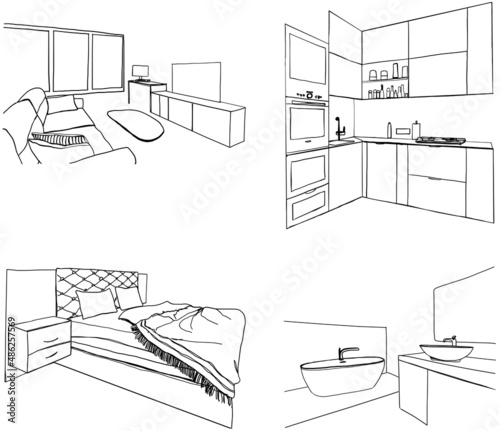 Set of different interior hand drawn sketch. Kitchen, living room, bathroom, bedroom, workplace.