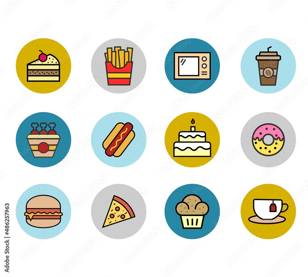 Food And Drink Icon Set. Muffin, Pie, Pizza Slice, Hamburger, Donut, Wedding Pie, Tea, Hot Dog, Fried Potatoes Food And Drink Icon Set. Muffin, Pie, Pizza Slice, Hamburger, Donut, Wedding Pie, Tea, Hot Dog, Fried Potatoes