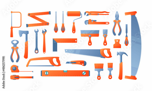 Vector illustration worker hand tools for building, construction, repair, masonry, woodworking and renovation isolated on white background. Set of different instruments icons in flat cartoon style.
