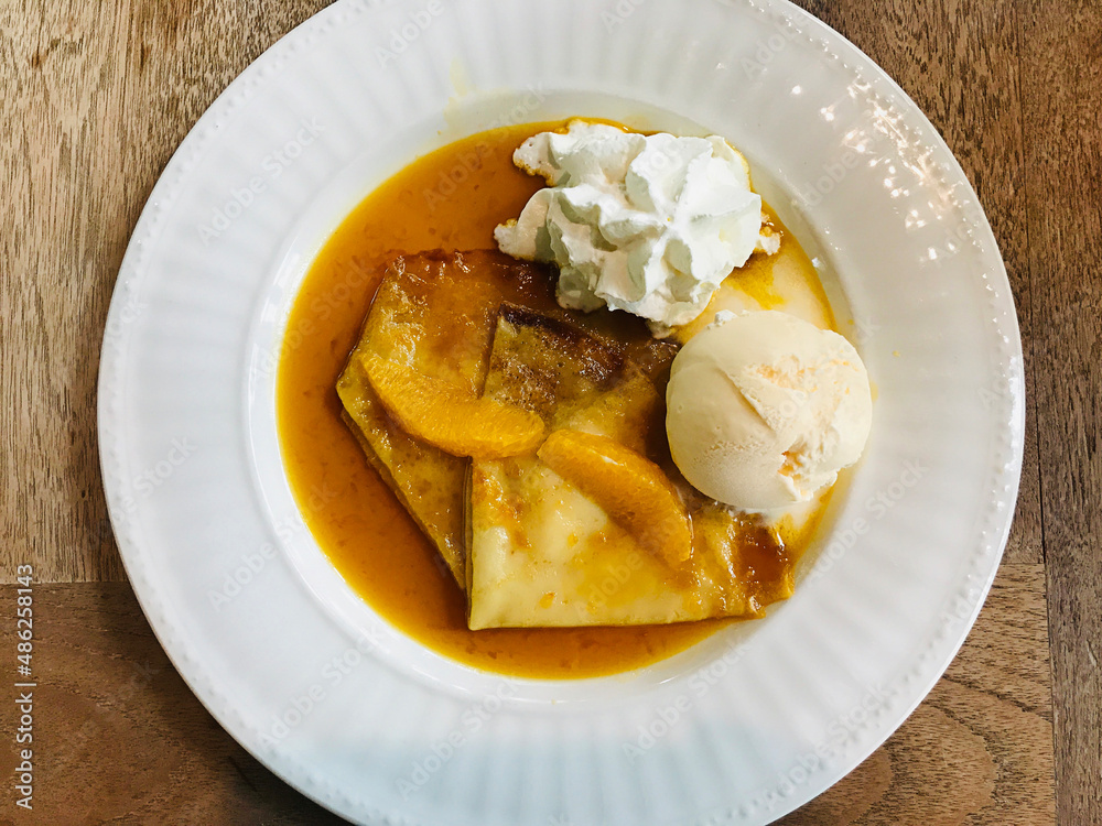 Dish of Crepe Suzette with Vanilla Ice Cream in Thailand. Dish of Crepe Suzette with Vanilla Ice Cream in Thailand.