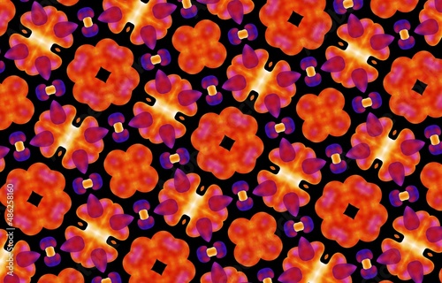 Abstract kaleidoscope background. Beautiful multicolor kaleidoscope texture. Unique kaleidoscope design in red and orange colors on a black background.