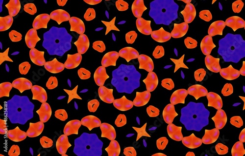 Abstract kaleidoscope background. Beautiful multicolor kaleidoscope texture. Unique kaleidoscope design in red and orange colors on a black background.