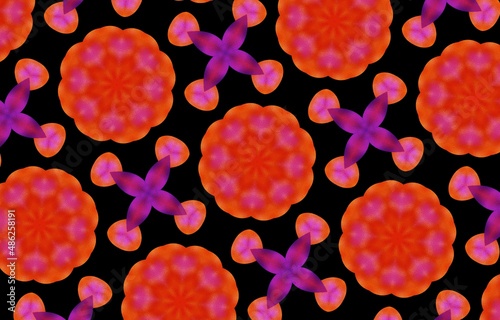 Abstract kaleidoscope background. Beautiful multicolor kaleidoscope texture. Unique kaleidoscope design in red and orange colors on a black background.