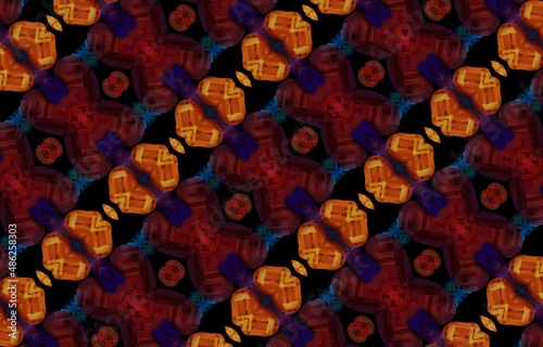 Abstract kaleidoscope background. Beautiful multicolor kaleidoscope texture. Unique kaleidoscope design in red and orange colors on a black background.