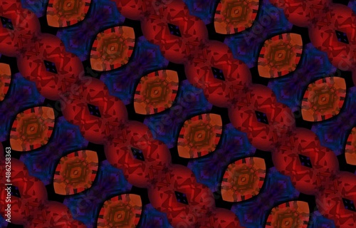 Abstract kaleidoscope background. Beautiful multicolor kaleidoscope texture. Unique kaleidoscope design in red and orange colors on a black background.