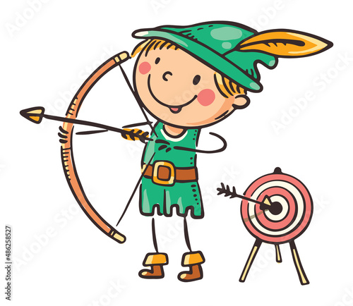 Bild auf Leinwand Child in costume of fairytale character like Robin Hood, cartoon clipart
