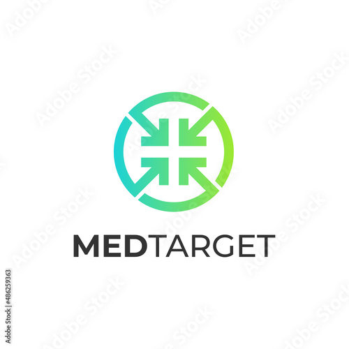 Medical center cross symbol with target aim focus arrow logo vector