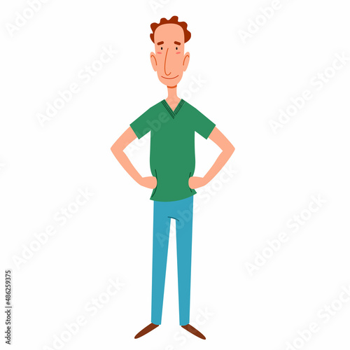 a thin, red-haired man with his hands on his waist. Vector illustration in a flat cartoon style.