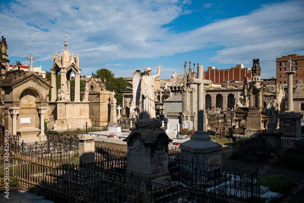View of Poble Nou cemetery on a sunny day with  in Barcelona, Spain - 1 November 2021
