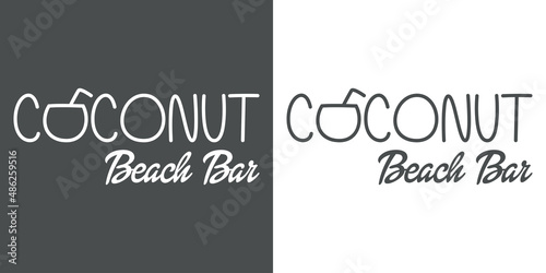 Logotipo de bar tropical. Logo bebida de agua de coco. Banner con texto Coconut Beach Bar con coco con forma de letra O con líneas en fondo gris y fondo blanco
