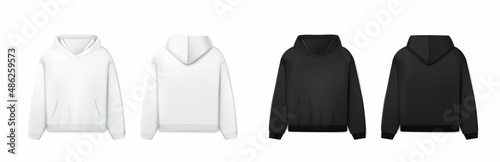3d realistic vector icon. Black and white hoodie. Men sweatshirt in front and side view.
