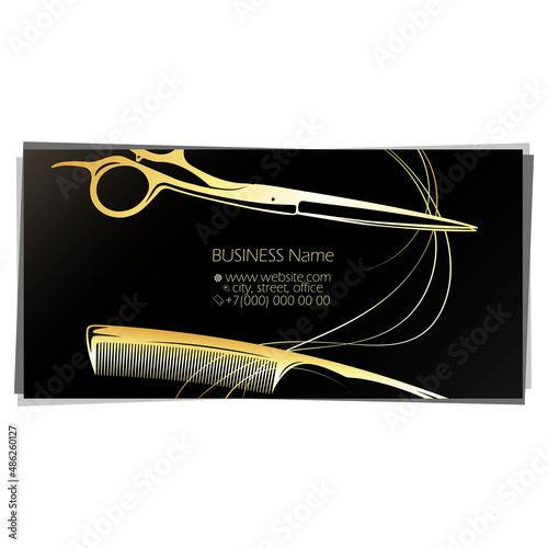 Golden scissors and comb on a black background business card. Hair stylist and beauty salon