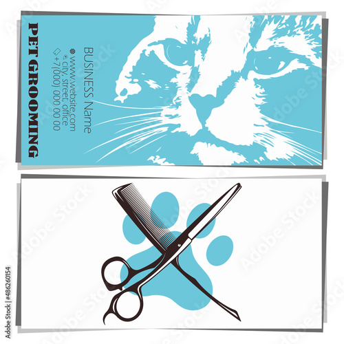 Grooming pets business card. Cat muzzle and scissors with comb