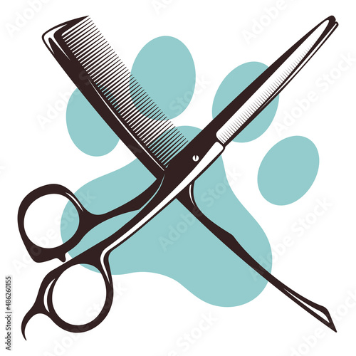 Scissors and comb groomer symbol on the background of the paw print. Pet grooming salon