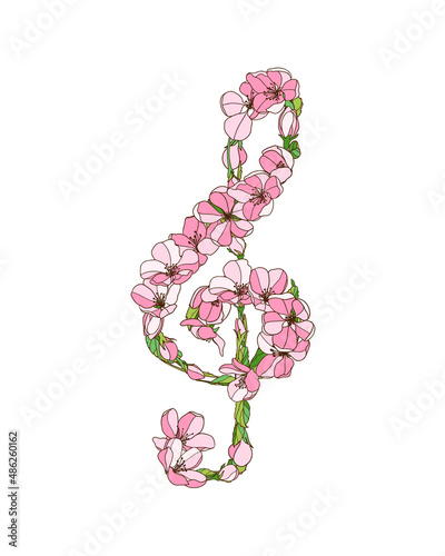 Vector treble clef of apple tree flowers. Romantic music symbol.