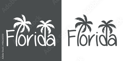 Florida Beach. Destino de vacaciones. Banner con texto Florida con letra con forma de silueta de palmera en fondo gris y fondo blanco