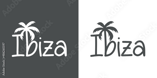 Ibiza Beach. Destino de vacaciones. Banner con texto Ibiza con letra con forma de silueta de palmera en fondo gris y fondo blanco
