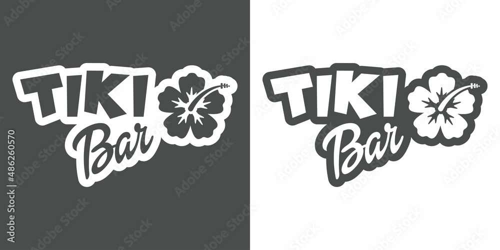 Beach bar. Banner con texto Tiki Bar con silueta de flor de hibisco en fondo gris y fondo blanco