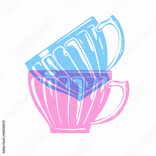Coffee or tee cups.Colorful cute screen printing effect. Riso print effect. Vector illustration. Graphic element  for fabric, textile, clothing, wrapping paper, wallpaper, poster.