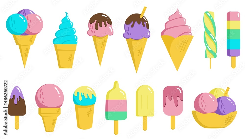 Set of tasty ice creams. Sweet summer delicacy sundaes,gelatos with different tasties,collection isolated ice-cream cones and popsicle with different topping.Vector illustration for web,design, print Set of tasty ice creams. Sweet summer delicacy sundaes,gelatos with different tasties,collection isolated ice-cream cones and popsicle with different topping.Vector illustration for web,design, print
