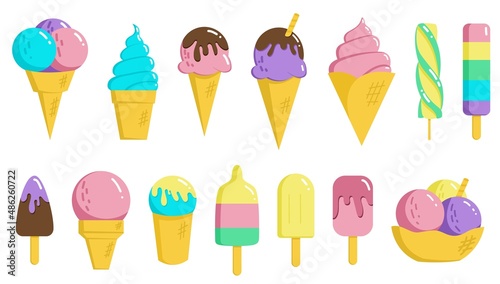 Set of tasty ice creams. Sweet summer delicacy sundaes,gelatos with different tasties,collection isolated ice-cream cones and popsicle with different topping.Vector illustration for web,design, print