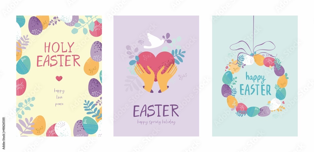 Set of Easter cards template in pastel colors. Collection of posters for a traditional spring holiday with eggs, floral elements, flowers, wreaths, a heart, bird. Cute cartoon vector illustration
