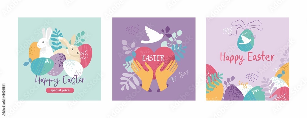 Set of Easter cards template in pastel colors. Collection of posters for traditional spring holiday with eggs, floral elements, flowers, wreath, a heart, bird, hare. Cute cartoon vector illustration
Set of Easter cards template in pastel colors. Collection of posters for traditional spring holiday with eggs, floral elements, flowers, wreath, a heart, bird, hare. Cute cartoon vector illustration