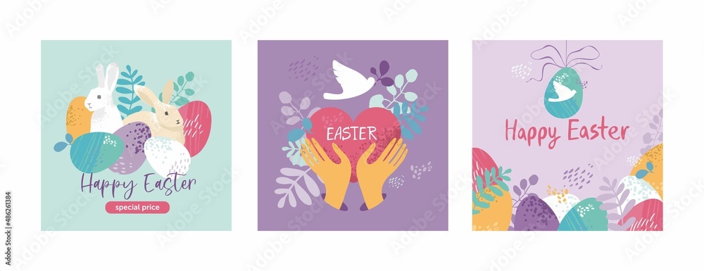 Set of Easter cards template in pastel colors. Collection of posters for traditional spring holiday with eggs, floral elements, flowers, wreath, a heart, bird, hare. Cute cartoon vector illustration
