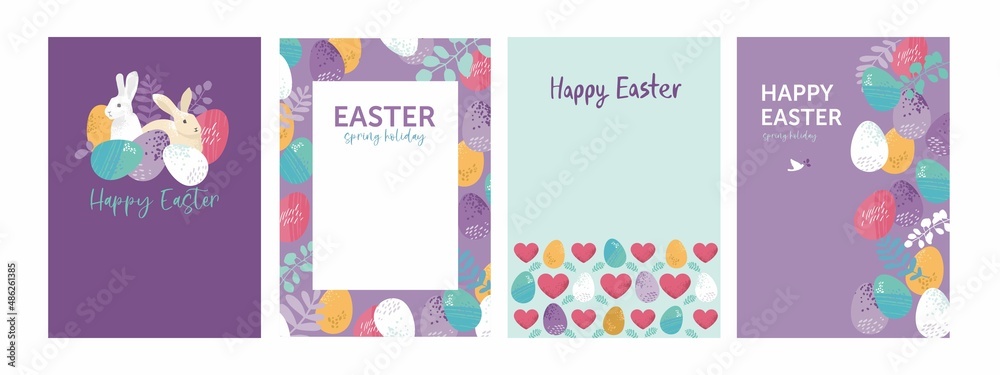 Set of Easter cards template in pastel colors. Collection of posters for a traditional spring holiday with eggs, floral elements, flowers, wreaths, a heart, bird. Cute cartoon vector illustration
