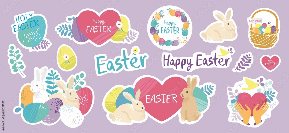 Set of stickers for the spring Easter holiday is isolated on purple. Collection of symbols with flowers, rabbits, eggs, floral elements, flowers for decoration of cards, posters. Vector illustration Set of stickers for the spring Easter holiday is isolated on purple. Collection of symbols with flowers, rabbits, eggs, floral elements, flowers for decoration of cards, posters. Vector illustration