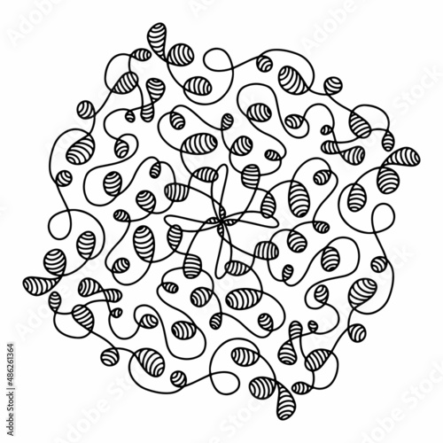 Hand drawn spider web mandala isolated on white background. Cute doodle squid, octopus, tentacles, alien, hive, dreamcatcher. Coloring page for adult and kids. Scribble ink line art. Antistress book