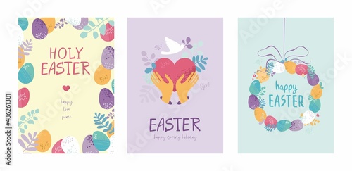 Set of Easter cards template in pastel colors. Collection of posters for a traditional spring holiday with eggs, floral elements, flowers, wreaths, a heart, bird. Cute cartoon vector illustration 