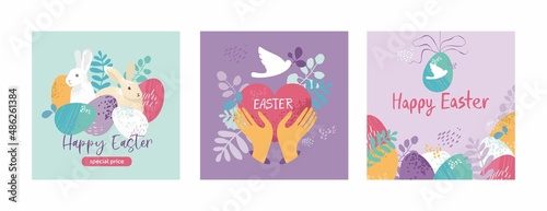 Set of Easter cards template in pastel colors. Collection of posters for traditional spring holiday with eggs, floral elements, flowers, wreath, a heart, bird, hare. Cute cartoon vector illustration 
