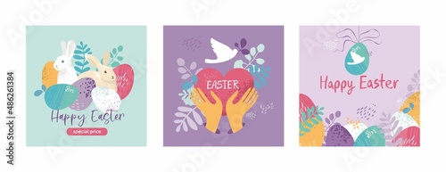 Set of Easter cards template in pastel colors. Collection of posters for traditional spring holiday with eggs, floral elements, flowers, wreath, a heart, bird, hare. Cute cartoon vector illustration
