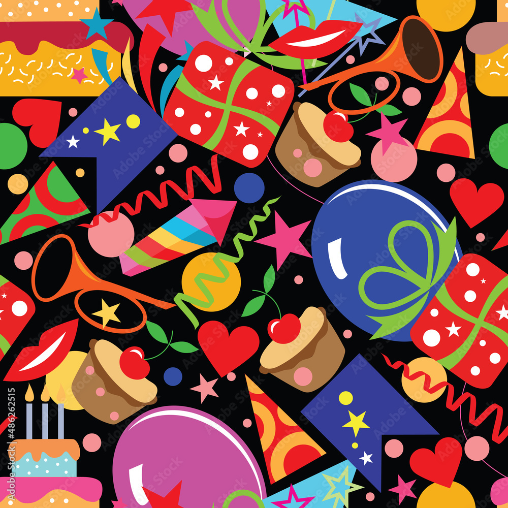 Happy Birthday! Seamless festive pattern with holiday attributes, cake, flags. Vector image. Happy Birthday! Seamless festive pattern with holiday attributes, cake, flags. Vector image.