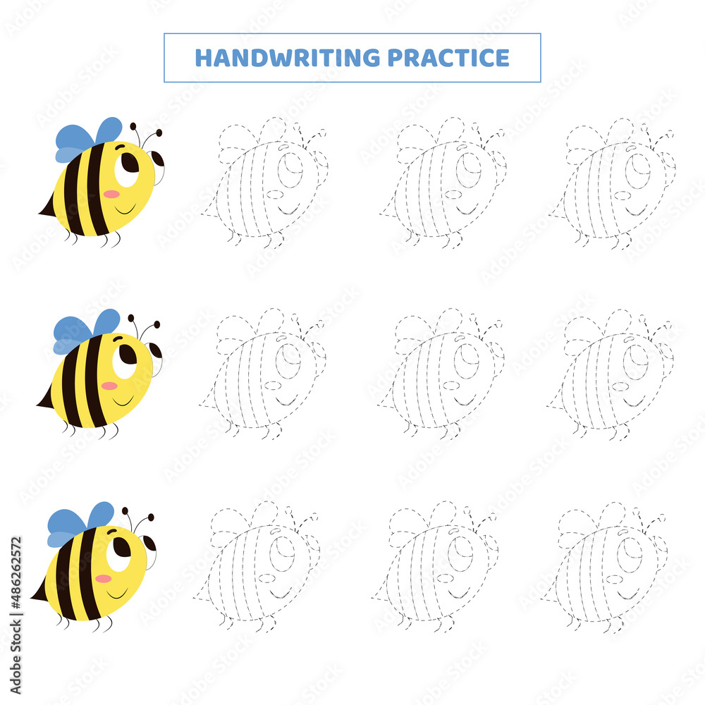 Handwriting practice for kids with cartoon bee. Handwriting practice for kids with cartoon bee.