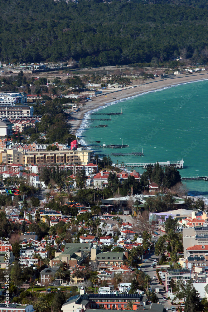 Aerial view of coastal Yoruk Park in Kemer, a seaside resort town and district of Antalya Province on the Mediterranean coast of Turkey