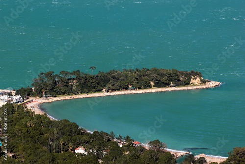 Aerial view of coastal Yoruk Park in Kemer, a seaside resort town and district of Antalya Province on the Mediterranean coast of Turkey