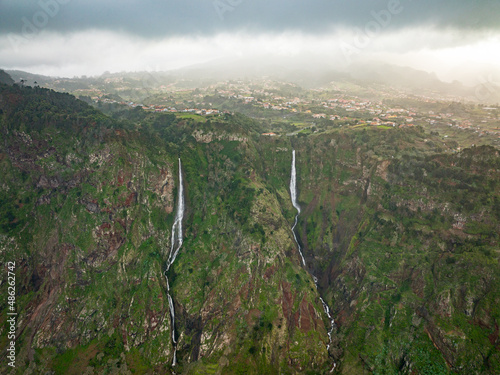 Madeira mountain landscape with waterfall