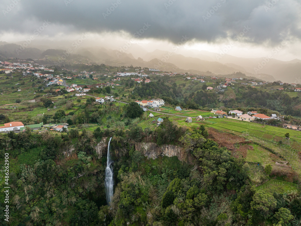 Madeira mountain landscape with waterfall