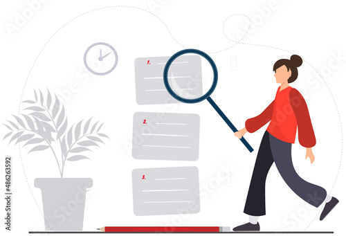 Tiny woman with magnifire looking at the notes, serching information or planinng, education concept, time management concept, flat vector illustration