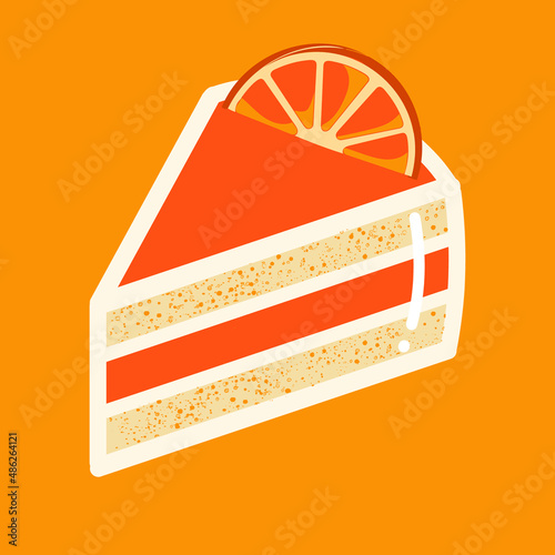 Orange layers cake topping piece of orange with white shinny. Hand drawn flat vector illustration isolated on orange background.	