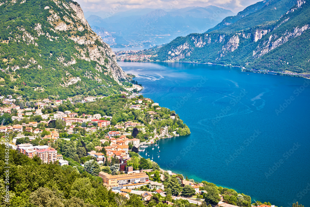 Como lake scenery aerial panoramic view near Lecco